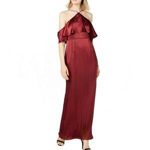 Maroon Cold Shoulder Gown Halter Neck Short Sleeve Halter Evening Dress